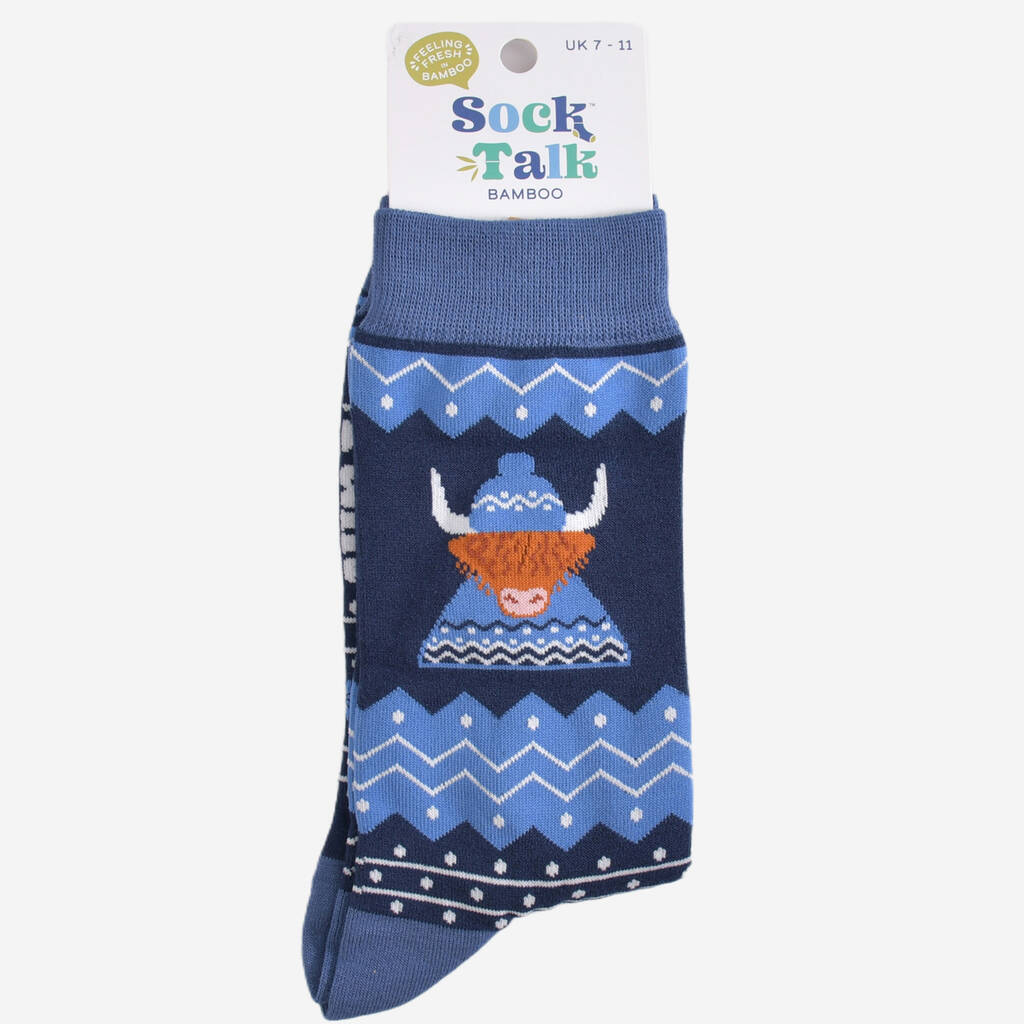 Men's Blue Highland Cow with Winter Hat Bamboo Socks