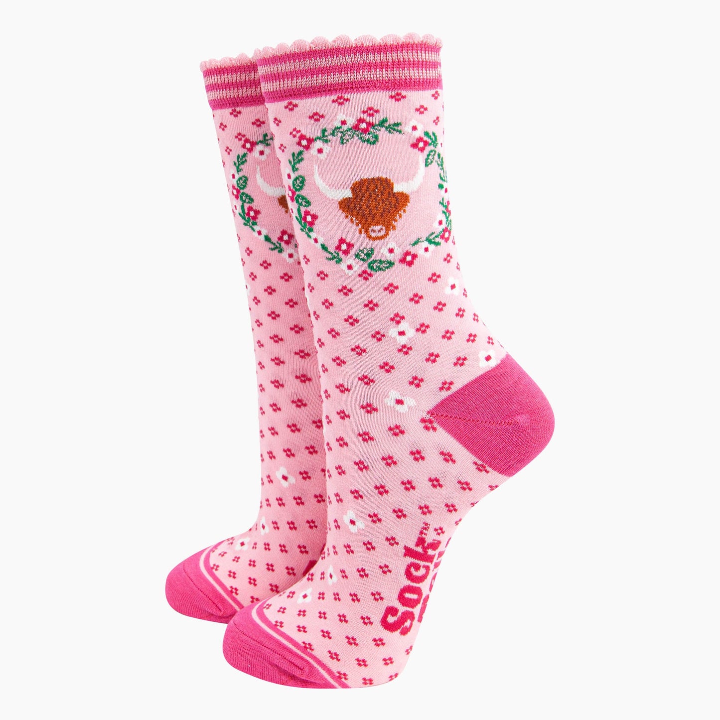 Women's Pink Highland Cow Wreath Bamboo Socks