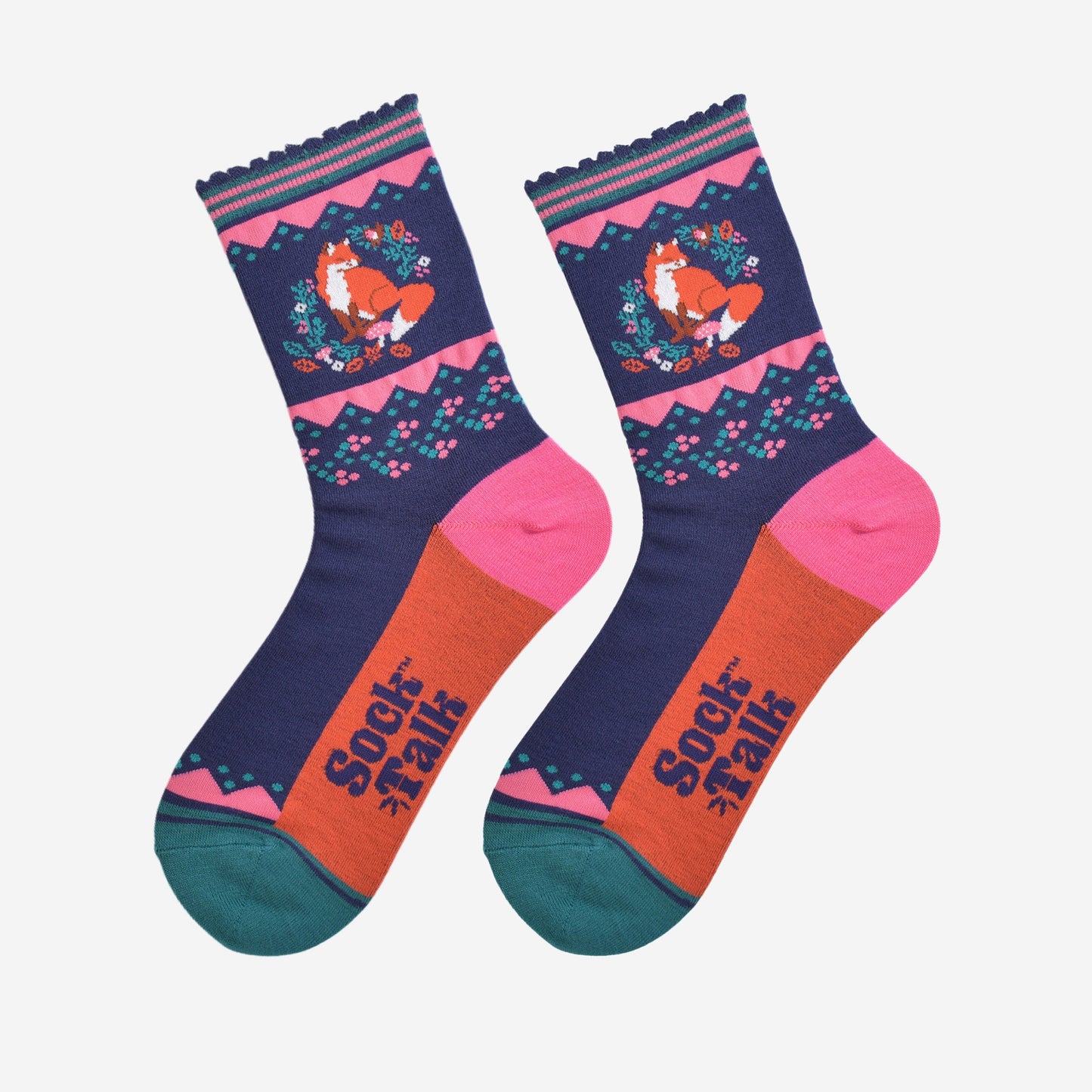 Women's Navy and Pink Fox Floral Bamboo Socks