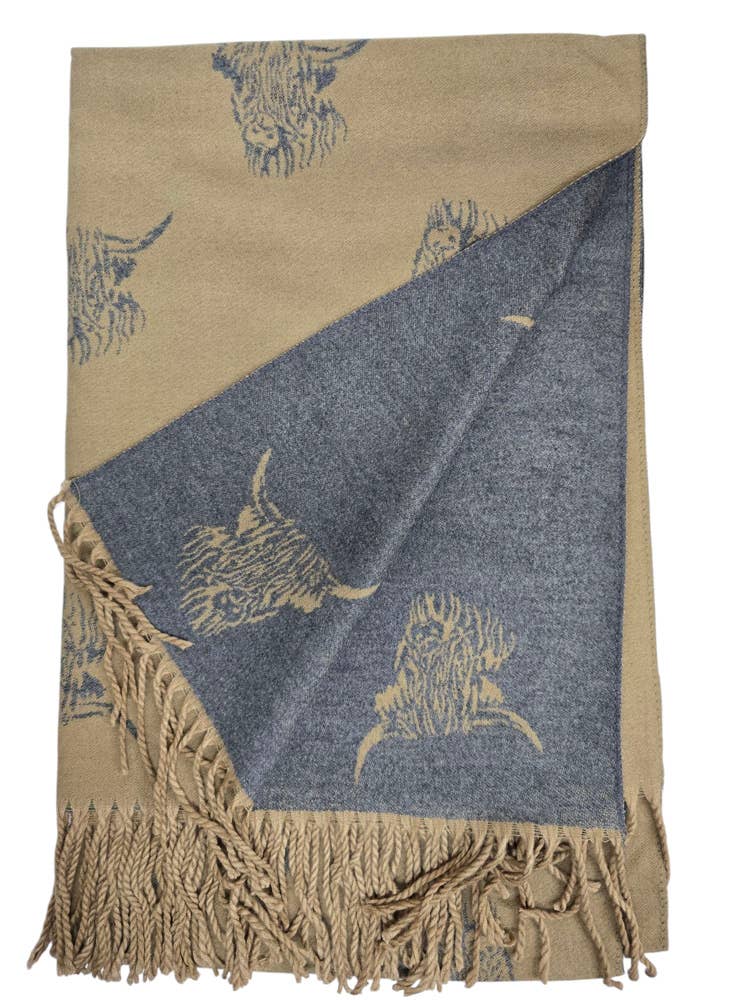 Supersoft Wool Mix Scarf with Highland Cow Beige/Grey