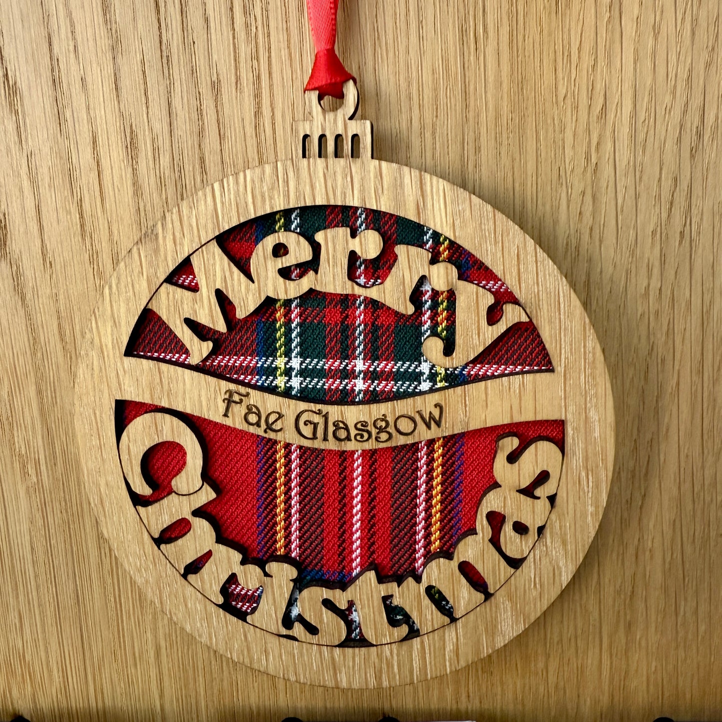 Merry Christmas Fae Glasgow Bauble Hanging Plaque