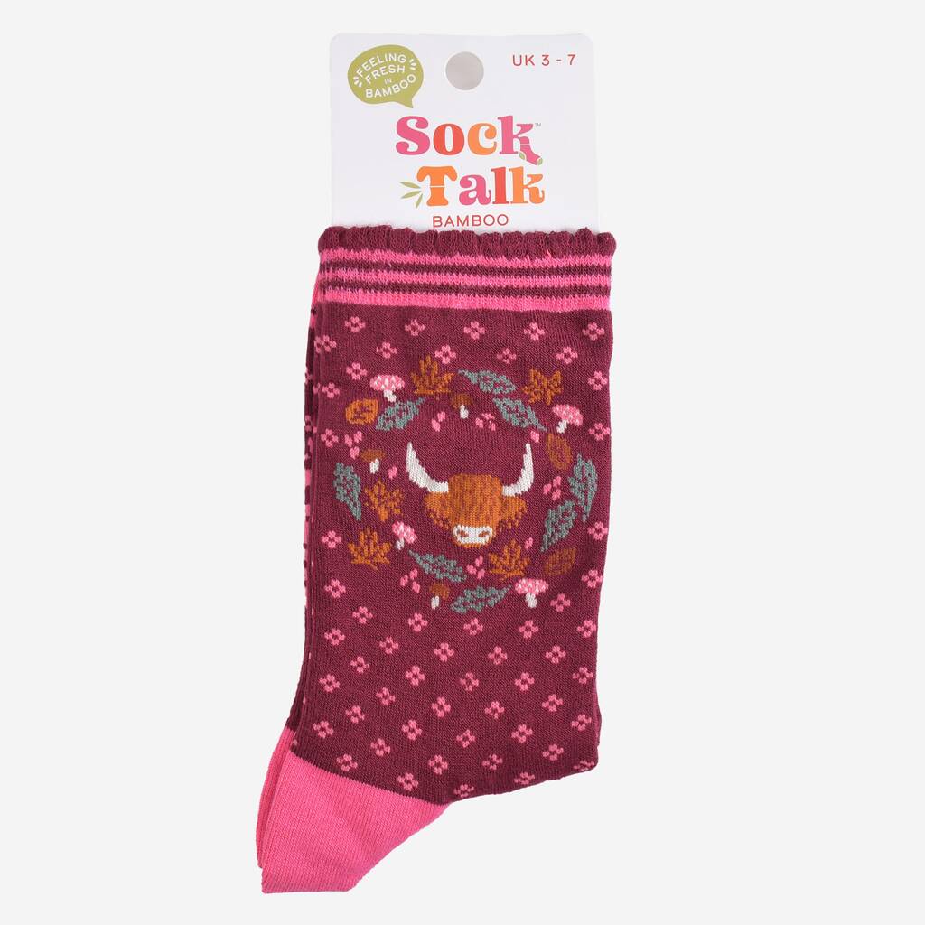 Women's Burgundy Highland Cow Wreath Bamboo Socks