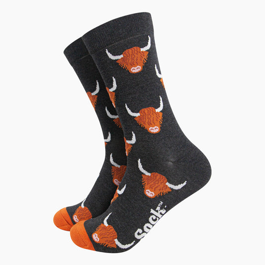 Men's Charcoal Highland Cow Bamboo Socks
