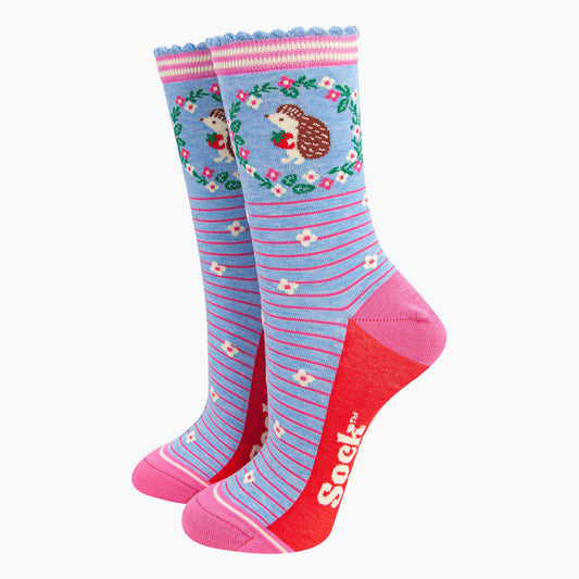 Women's Blue Hedgehog Wreath Bamboo Socks