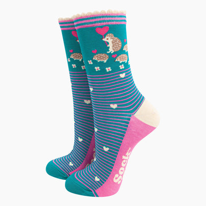 Women's Teal Hedgehog and Babies Bamboo Socks