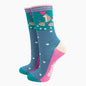 Women's Teal Hedgehog and Babies Bamboo Socks