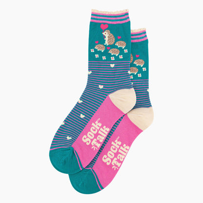 Women's Teal Hedgehog and Babies Bamboo Socks