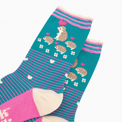 Women's Teal Hedgehog and Babies Bamboo Socks