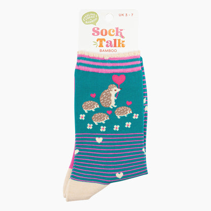 Women's Teal Hedgehog and Babies Bamboo Socks