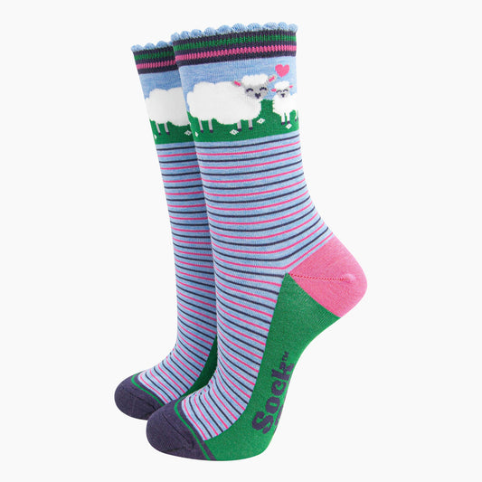 Women's Blue Sheep and Lamb Bamboo Socks