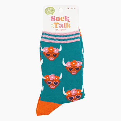 Women's Highland Cow Floral Crown Bamboo Socks