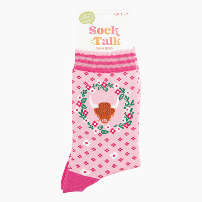 Women's Highland Cow Wreath Bamboo Socks