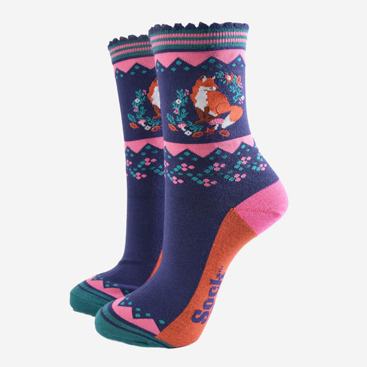 Women's Navy and Pink Fox Floral Bamboo Socks