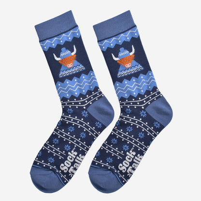Men's Blue Highland Cow with Winter Hat Bamboo Socks