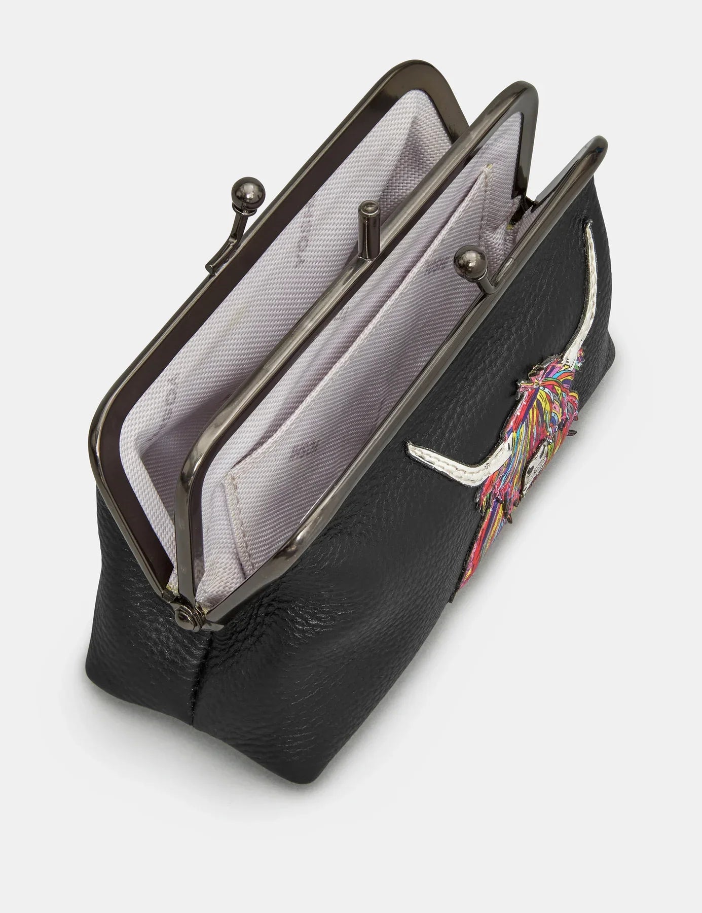 Highland Cow Black Leather Triple Frame Purse