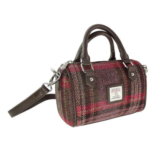 Harris Tweed 'Kilbride' Mini Bowling Bag in Burgundy and Pink Stewart Tartan