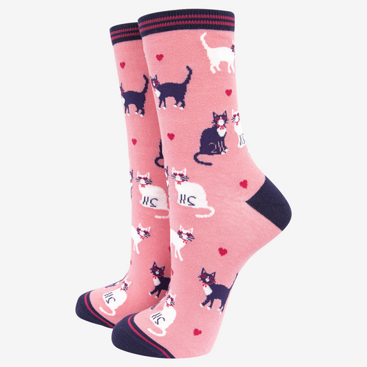 Women's Cats and Love Hearts Pink Bamboo Socks