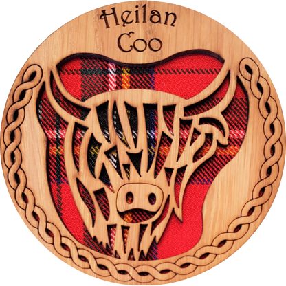 Highland Cow Wood & Tartan Round Coaster