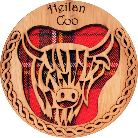 Highland Cow Wood & Tartan Round Coaster