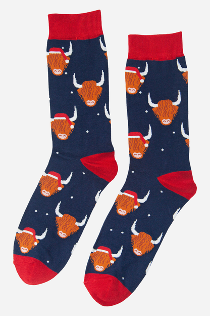 Men's Navy Highland Cow with Santa Hat Bamboo Socks