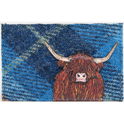 Highland Cow Brown Leather & Blue Tweed Card Holder