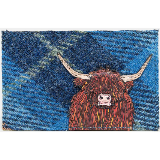 Highland Cow Brown Leather & Blue Tweed Card Holder