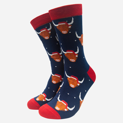 Men's Navy Highland Cow with Santa Hat Bamboo Socks