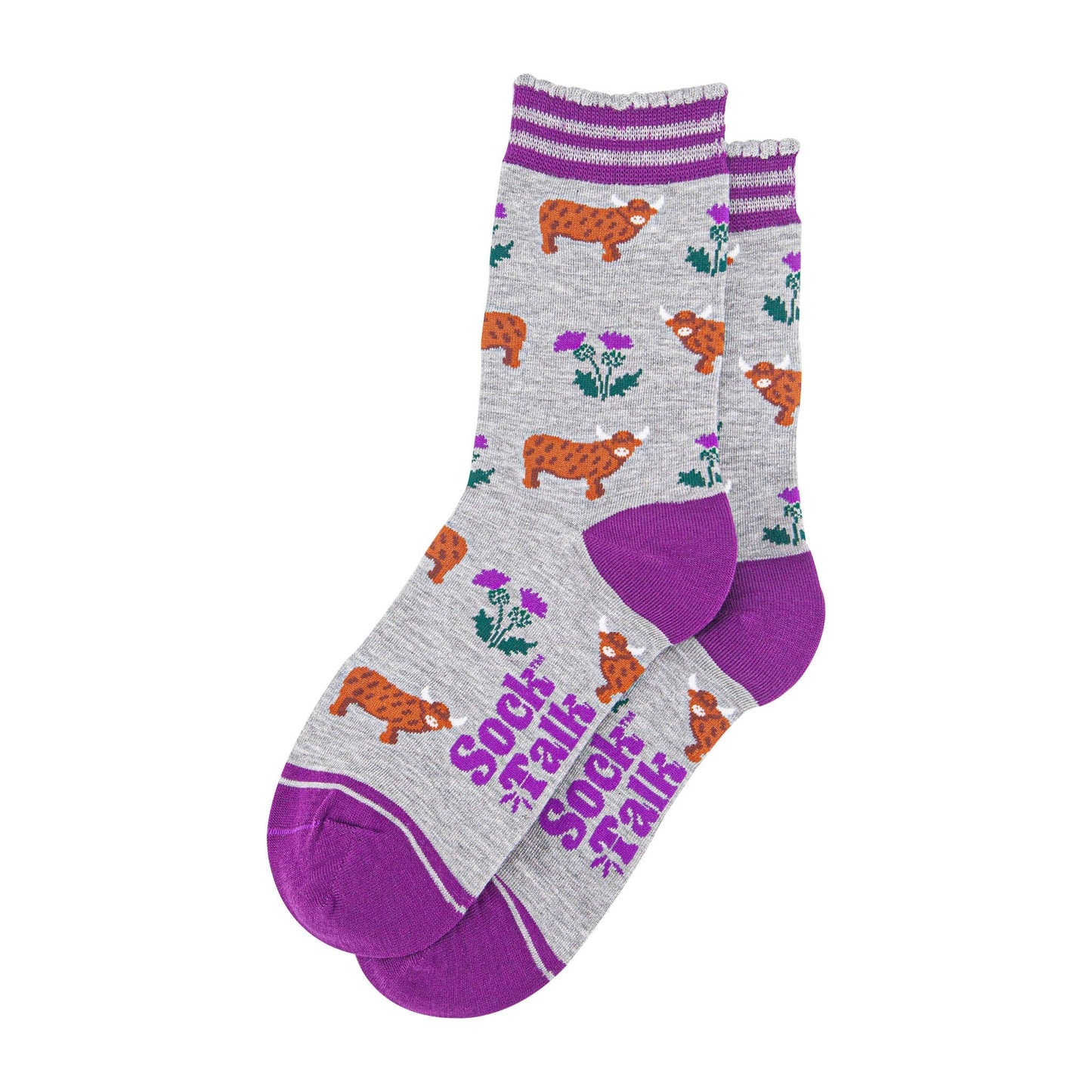 Women's Purple Thistle & Highland Cow Bamboo Socks