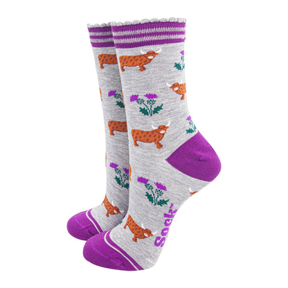 Women's Purple Thistle & Highland Cow Bamboo Socks