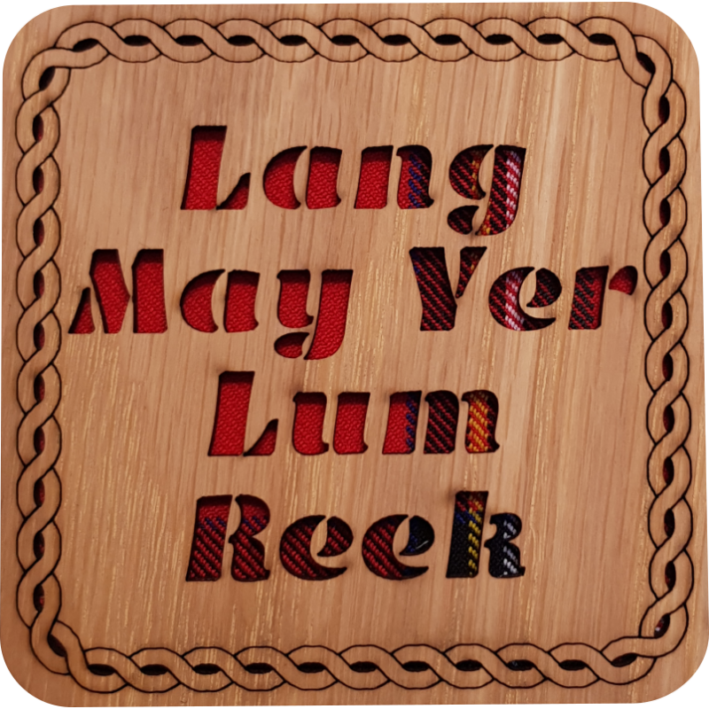 Lang May Yer Lum Reek Wood & Tartan Square Coaster