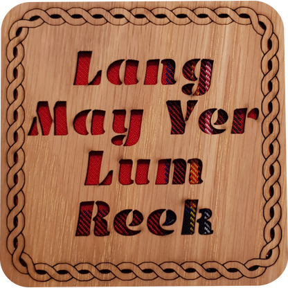 Lang May Yer Lum Reek Wood & Tartan Square Coaster