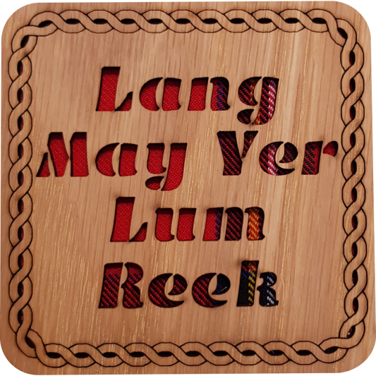 Lang May Yer Lum Reek Wood & Tartan Square Coaster