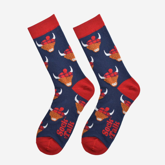Men's Navy Highland Cow with Tartan Hat Bamboo Socks