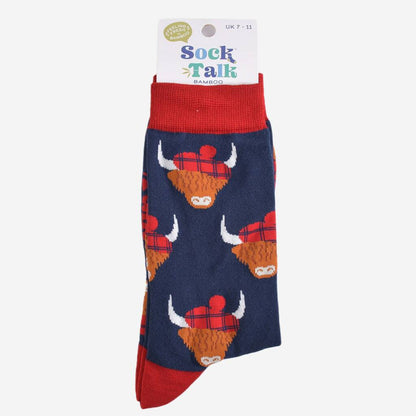 Men's Navy Highland Cow with Tartan Hat Luxury Bamboo Socks