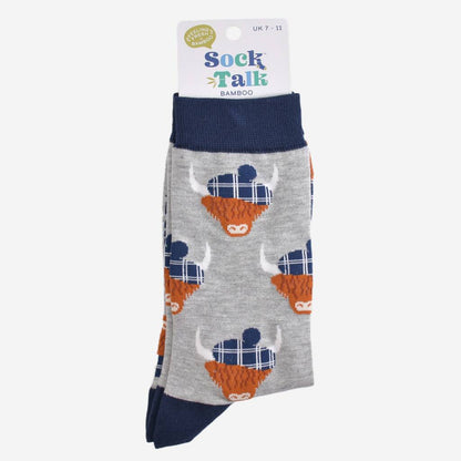 Men's Grey Highland Cow with Tartan Hat Luxury Bamboo Socks