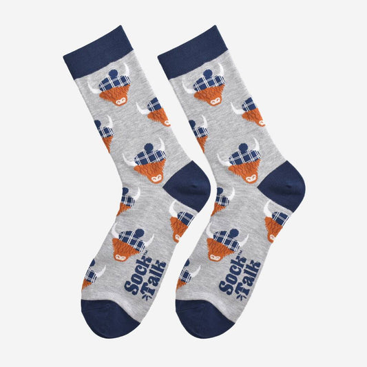 Men's Grey Highland Cow with Tartan Hat Bamboo Socks