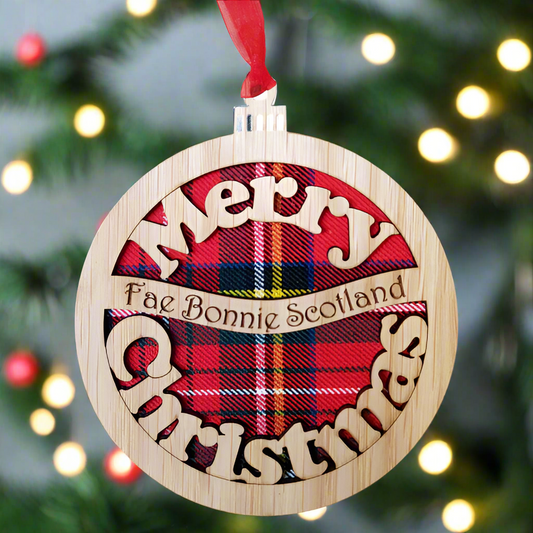 Merry Christmas Fae Bonnie Scotland Bauble Hanging Plaque