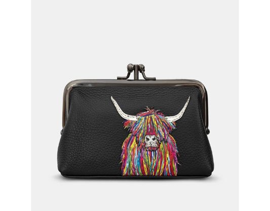 Highland Cow Black Leather Triple Frame Purse