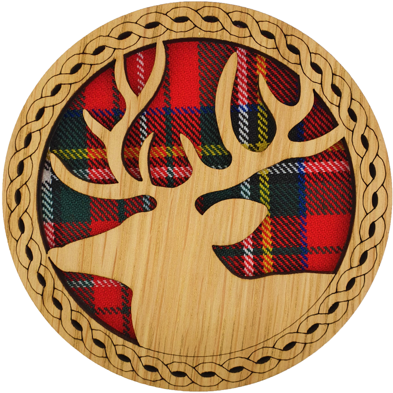 Stag Wood & Tartan Round Coaster