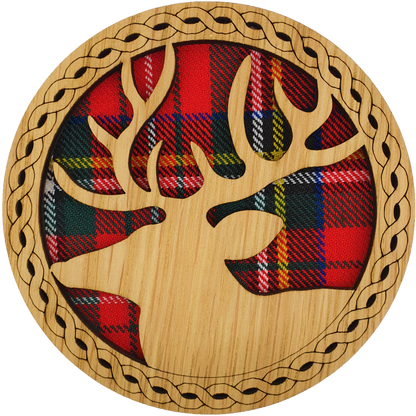 Stag Wood & Tartan Round Coaster