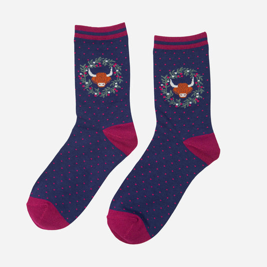 Women's Highland Cow Wreath Print Bamboo Socks