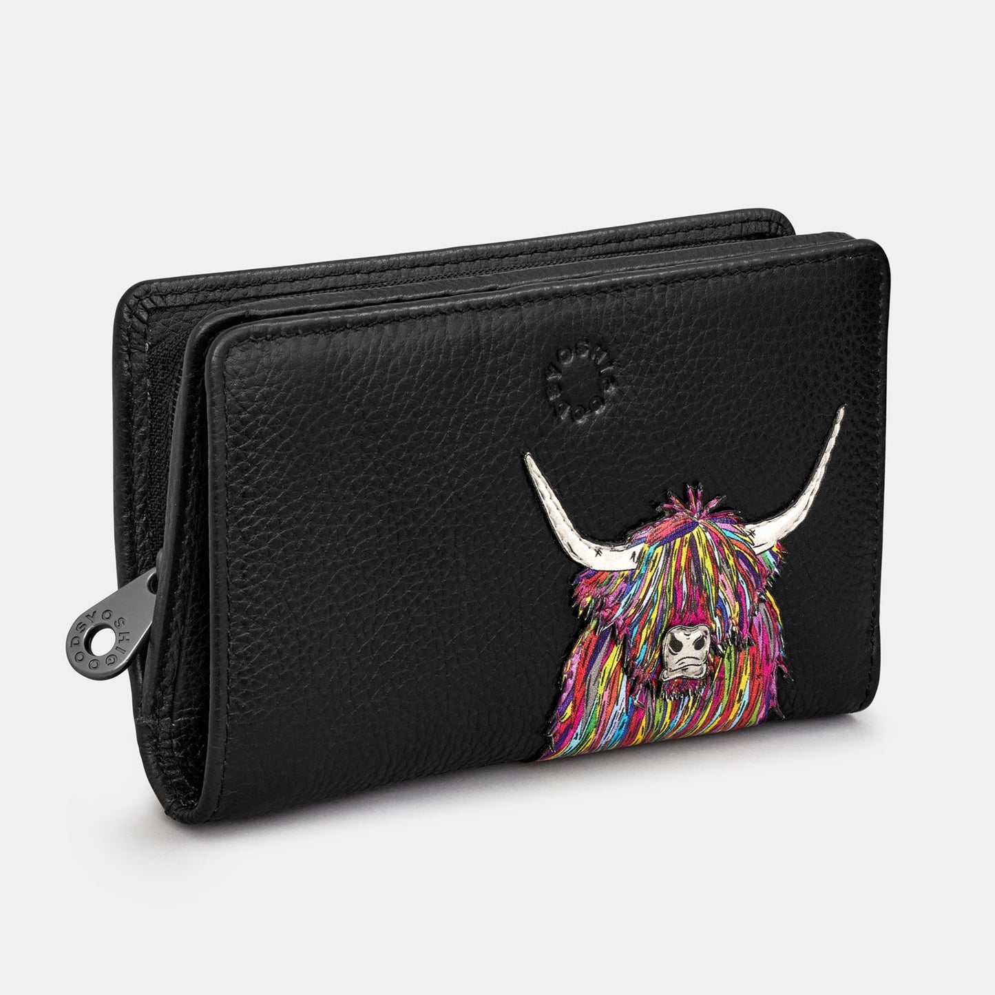 Highland Cow Black Zip Around Leather Purse