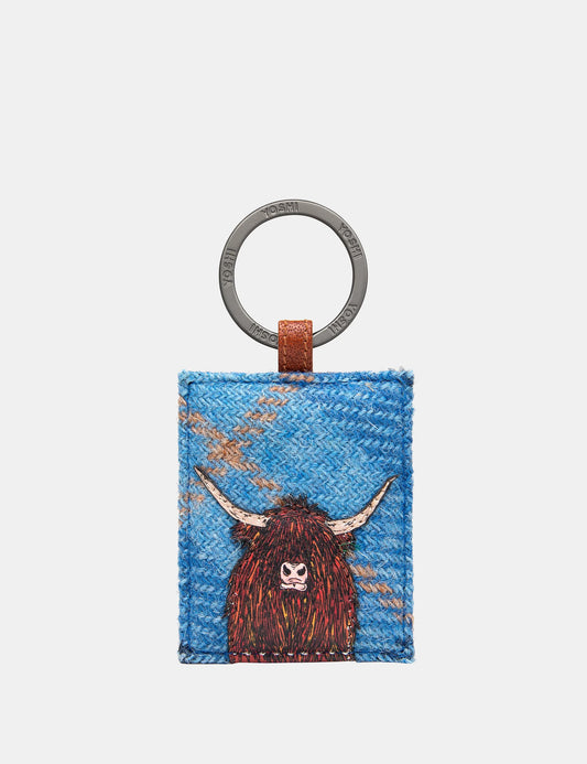 Highland Cow Brown Leather & Blue Harris Tweed Keyring