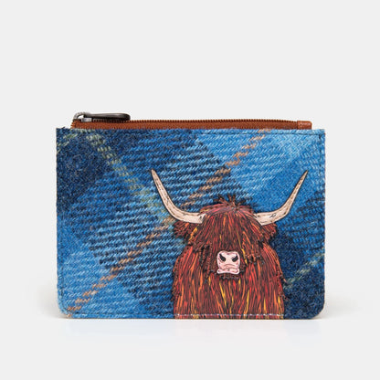 Highland Cow Brown Leather & Blue Harris Tweed Zip Top Purse