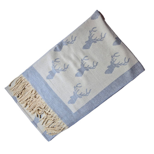 Supersoft Wool Mix Highland Stag Tassel Scarf Cream/Grey