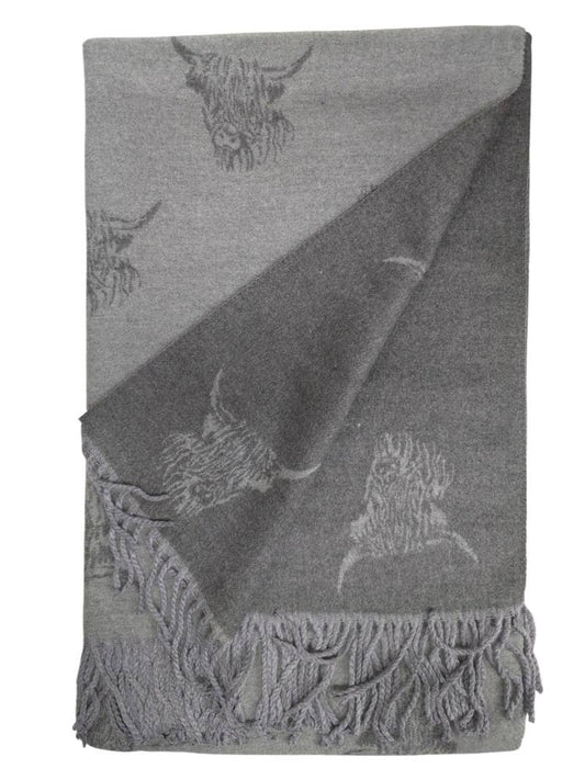 Supersoft Wool Mix Scarf with Highland Cow Light Grey/Grey