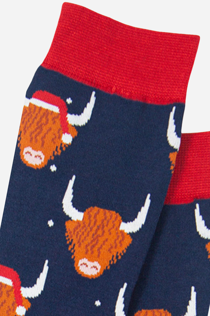 Men's Navy Highland Cow with Santa Hat Bamboo Socks