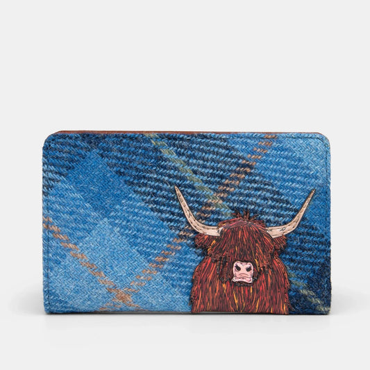 Highland Cow Brown Leather & Blue Harris Tweed Zip Around Purse